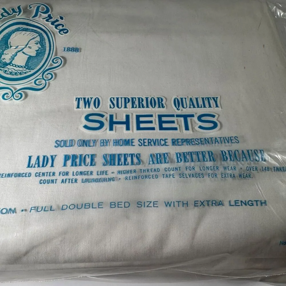 Vintage Lady Price White Cotton Bed Sheets Full Double Size Extra Length NOS NIP